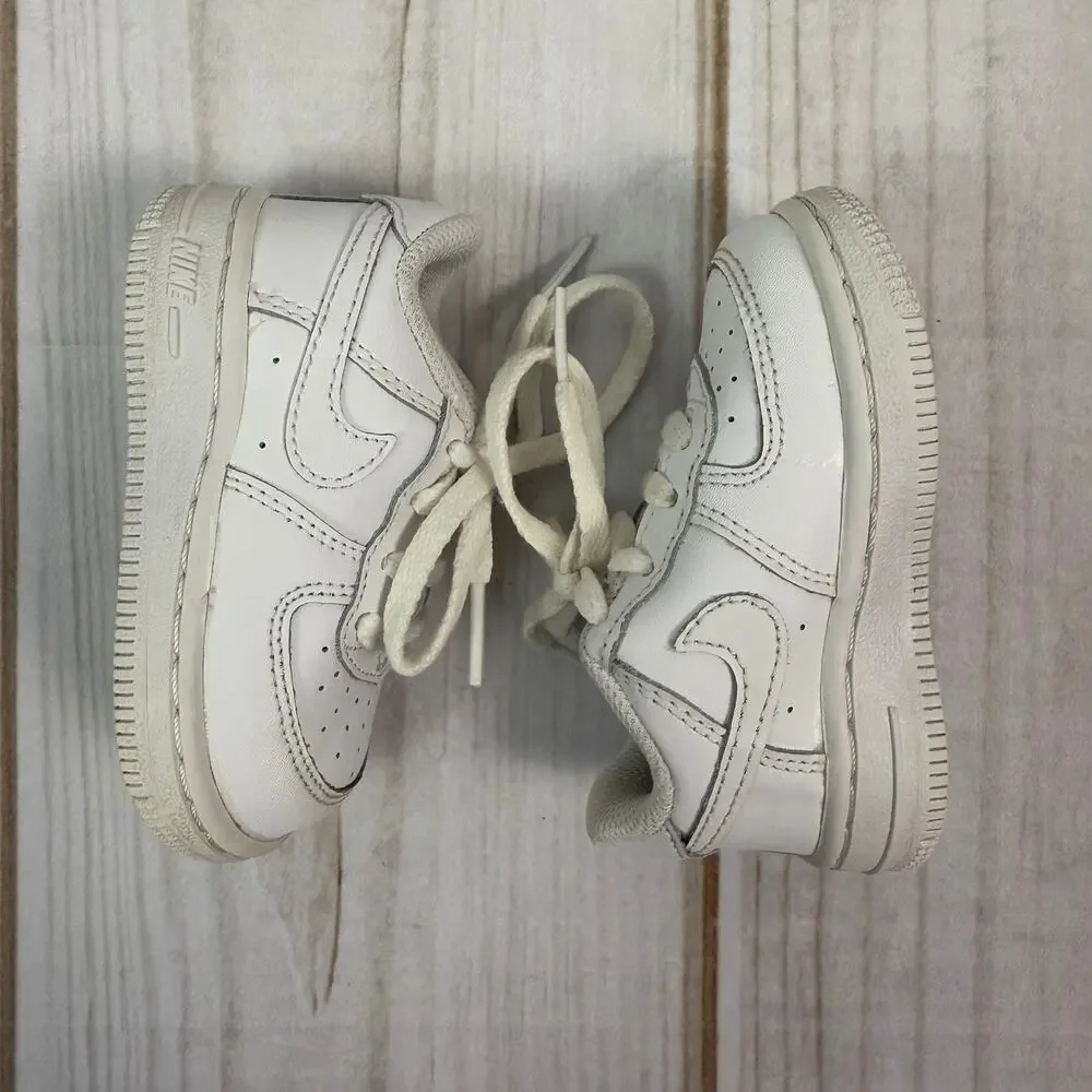 Kids Nike Air‎ Force 1 Low White Leather Lace Up Sneakers Size 4C